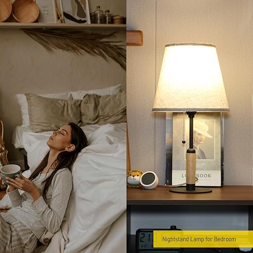 Miniatura 5 de PSDSSHIIS Night Table Lamp Bedside Lamps for Nightstand Lamp for Bedroom Living Room End Tables 3-Color Temperatures Pull Chain Switch Wood Fabric