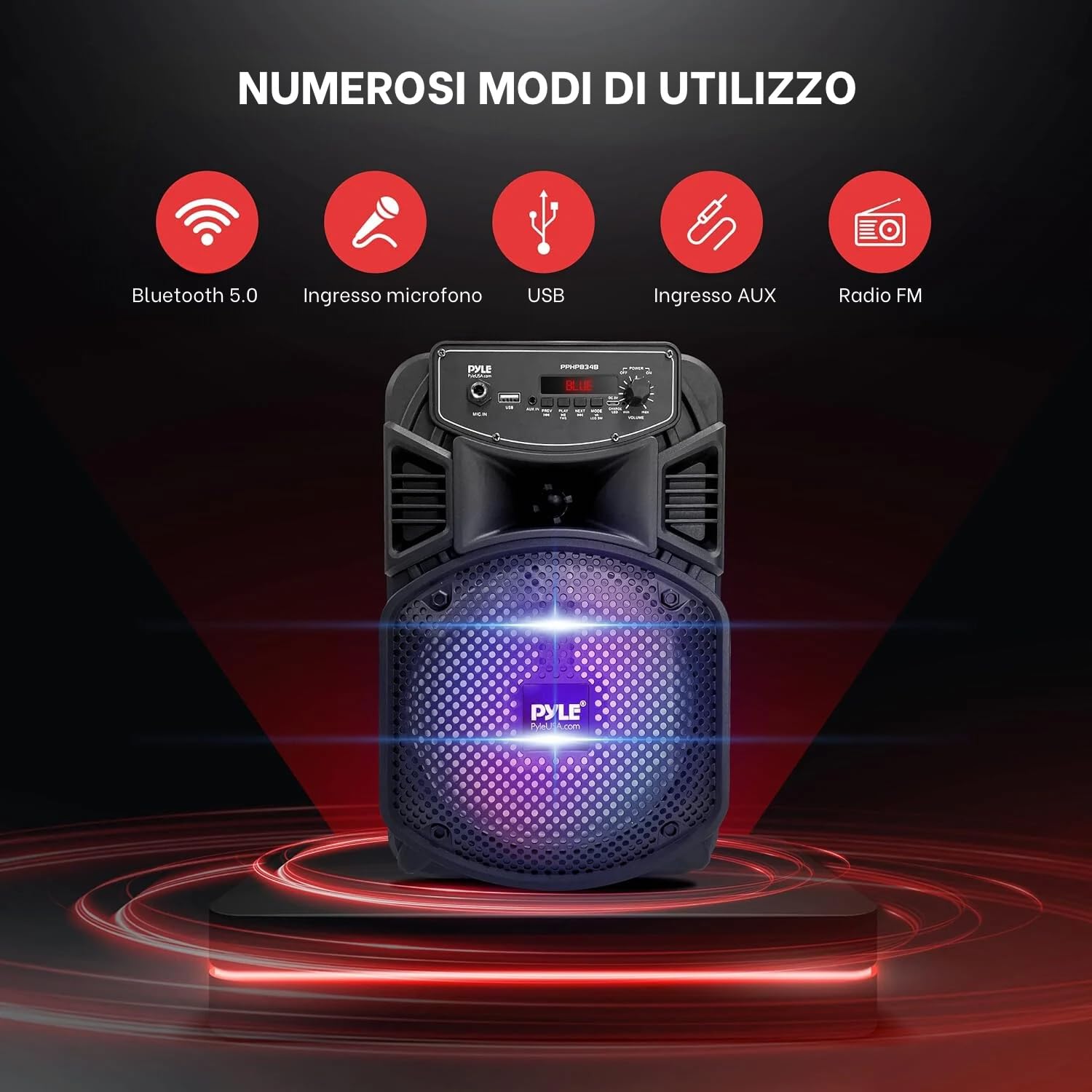 Pyle Speaker Bluetooth Portatile,Ricaricabile da 300W con Subwoofer da 20,32 cm e Tweeter da 2,54 cm, Ingresso Microfono, MP3/USB, Radio, Telecomando