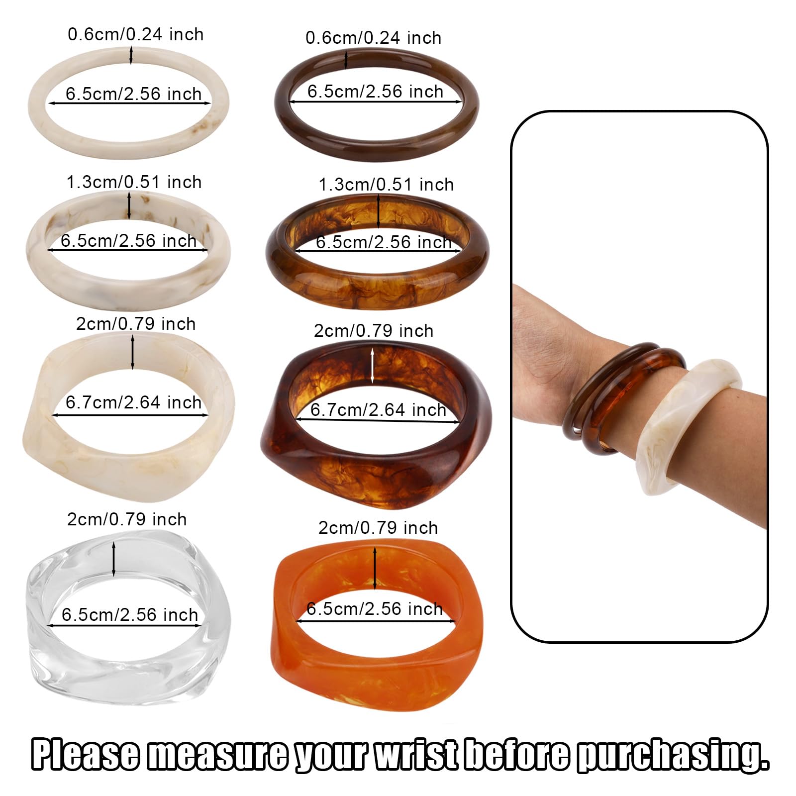 Mikovivi Juego de 8 Pulseras de Resina, 2 Diámetros Pulseras Gruesas Resina para Mujer Redondas e Irregulares Estilo Bohemio para Vacaciones Uso Diario y Regalo