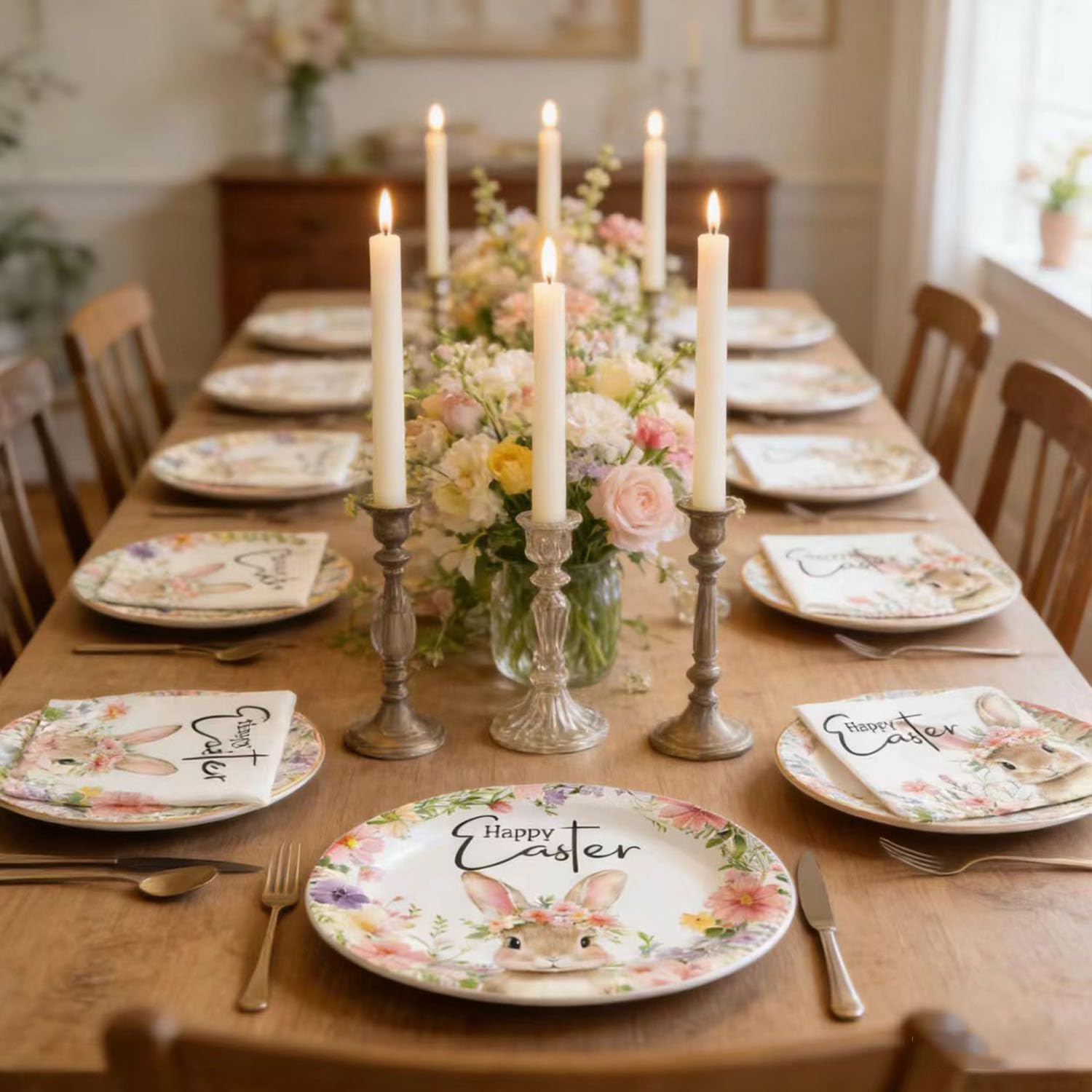50Pcs Easter Paper Plates and Napkins, 10" x 12.5" Large Happy Easter Oval Plates and 6.5" Napkins, Bunny Cross Flowers Disposable Heavy Duty Tableware Set for Spring Easter Party Supplies
