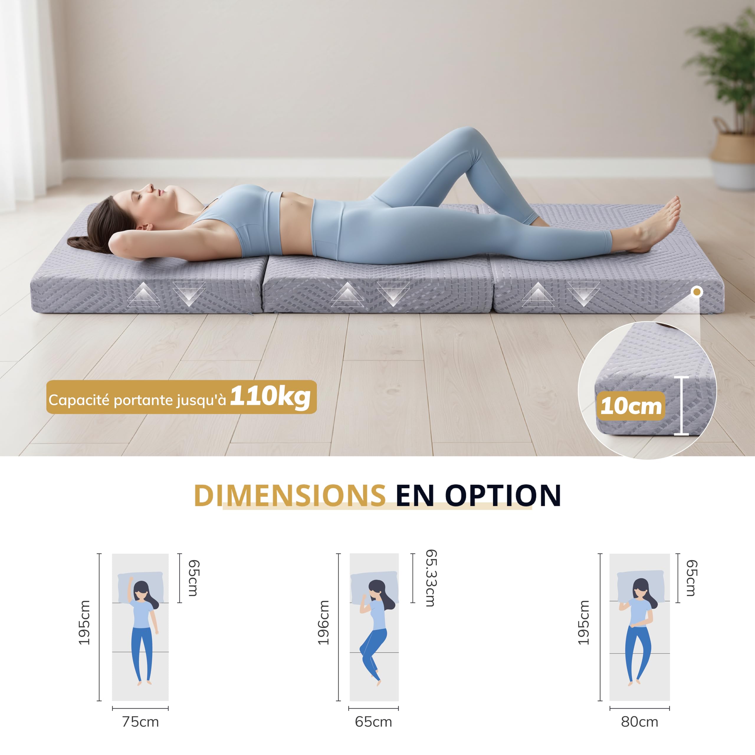 Ego Home Matelas d'invité en Mousse à Mémoire de Forme en Gel, Matelas avec Épaisse 10 cm, Housse Amovible Lavable, 65x196 cm Matelas de Lit Pliable pour Adultes