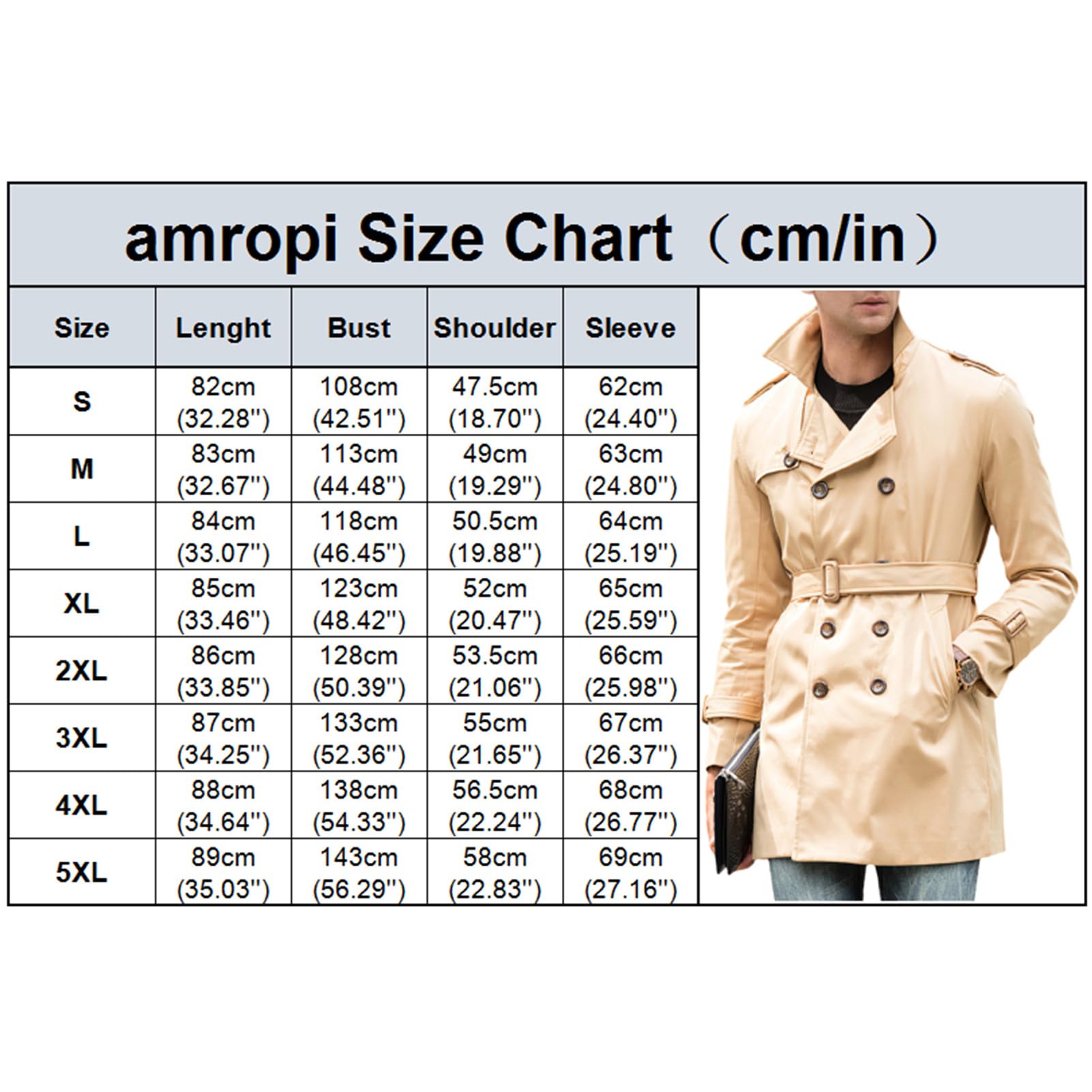 amropi Cappotto Primaverile da Uomo Trench Parka Doppiopetto con Bottoni Antivento Giacca