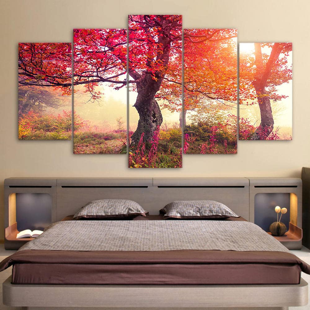 YUANJUN 5 Pezzi Alberi Rossi Stagioni Alberi Foresta Pittura 5 Pannelli