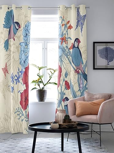 Miniatura 3 de MOINHO Cortinas opacas con estampado 3D de mariposas y pájaros y flores, cortinas de oscurecimiento con aislamiento térmico, juego de 2 paneles para