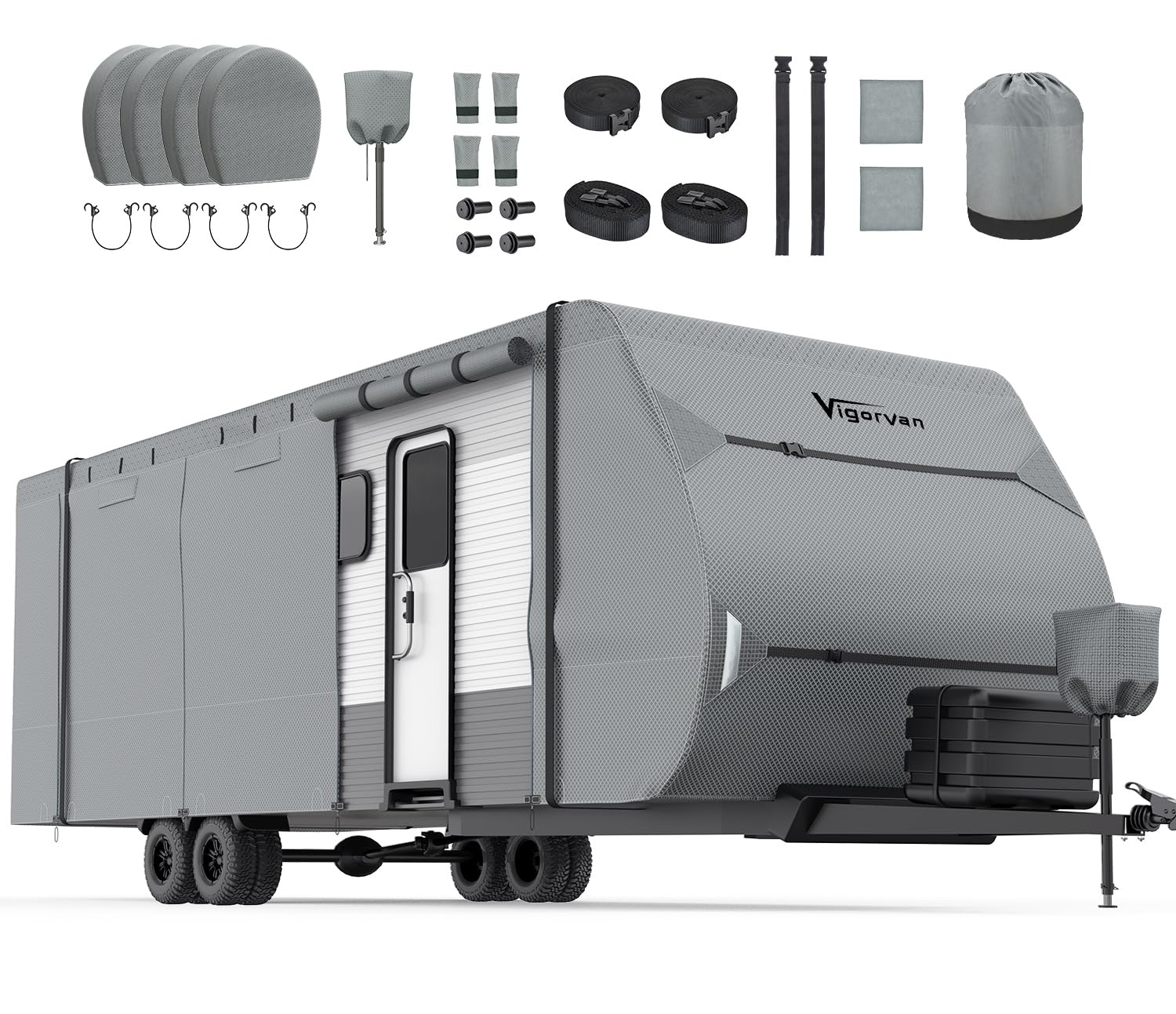 RV Cover Vigorvan Upgrad 7 Layers Top Camper Cover Windproof Travel Trailer Cover for 27-30FT RV, Toy Hauler Cover with Tongue Jack Cover, Extra Windproof Ropes, Gutter Covers