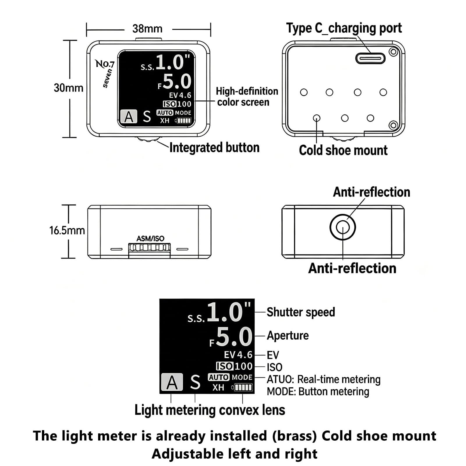 Misuratore di luce digitale per fotocamere, 30° FOV Riflesso, con ampio schermo OLED, gamma EV 1 – 22, sensore ad alta precisione, ricaricabile, attacco a slitta fredda