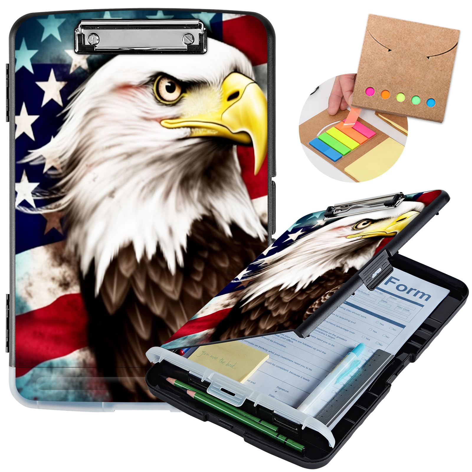 Clipboard with Storage,Heavy Duty Plastic Storage Clipboard with Low Profile Clip,Teacher Must Haves,Office Supplies,American Flag Owl
