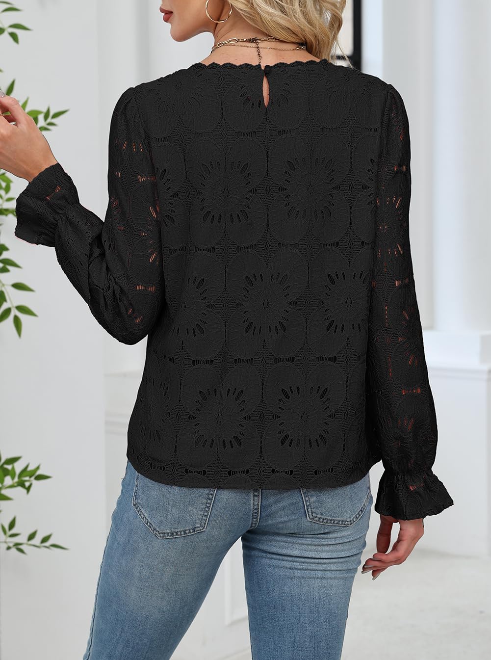 Blouses for Women Dressy Casual Eyelet Square Neck Long Sleeve Embroidered Lace Crochet Boho Tops Fall Fashion 2025 - Image 3