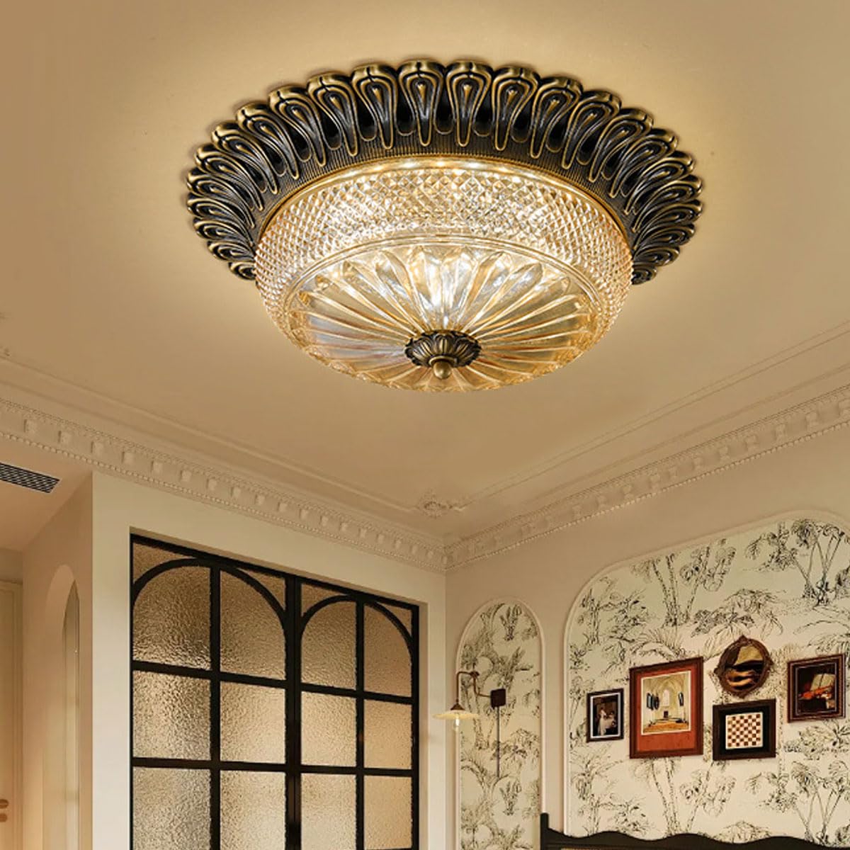 Amerykańska lampa sufitowa w stylu vintage, miedź i szkło, płaskie oświetlenie, nowoczesne luksusowe okrągłe lampy sufitowe, odpowiednie do gabinetu i klatki schodowej