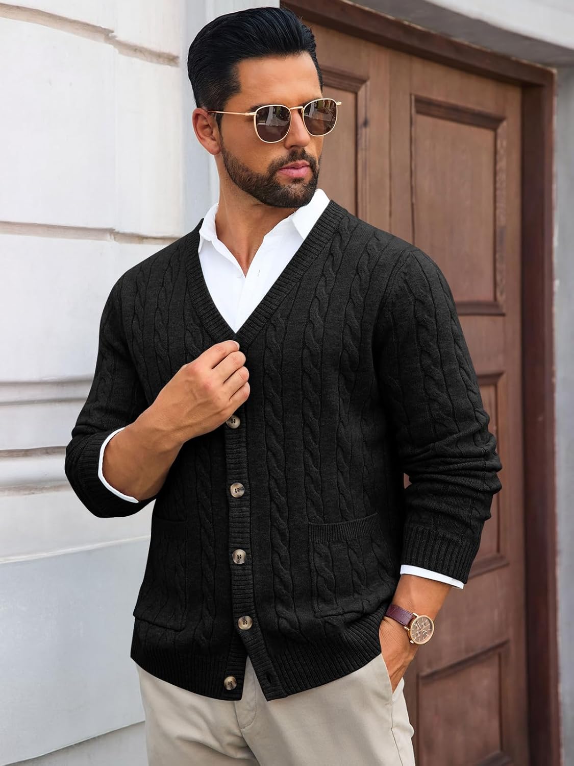 Runcati Mens Cable Knit Cardigan Sweater V Neck Casual Button Down Sweaters Long Sleeve Fall Outwear with Pockets - Image 2