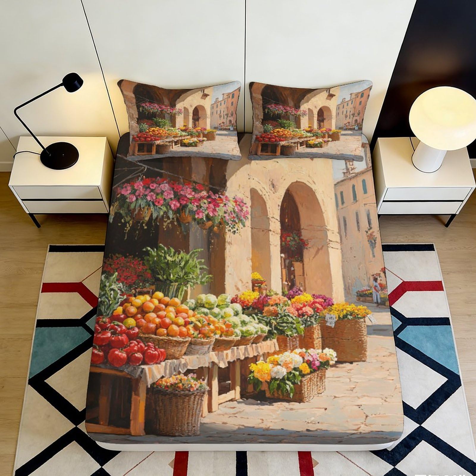 3D Printed Market Scenery Fitted Sheet Microfiber Deep Pocket Bedding Market Scenery Mattress Fitted Cover Non-Slip Washable 200x200x25cm 90x200x25cm
