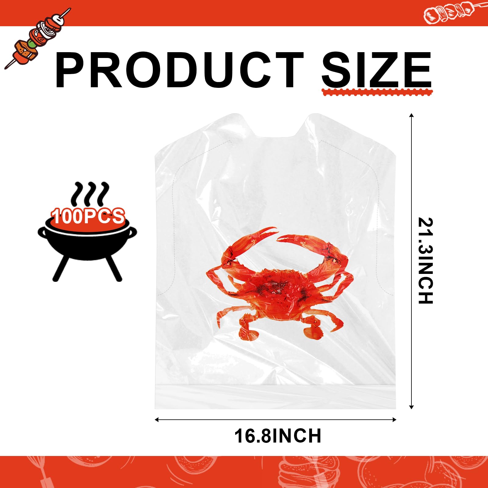 Lot de 100 bavoirs jetables en forme de crabe – 43,2 cm de large pour adultes, bavoirs imperméables pour homard et écrevisses pour fêtes de crustacés, barbecue, restaurant