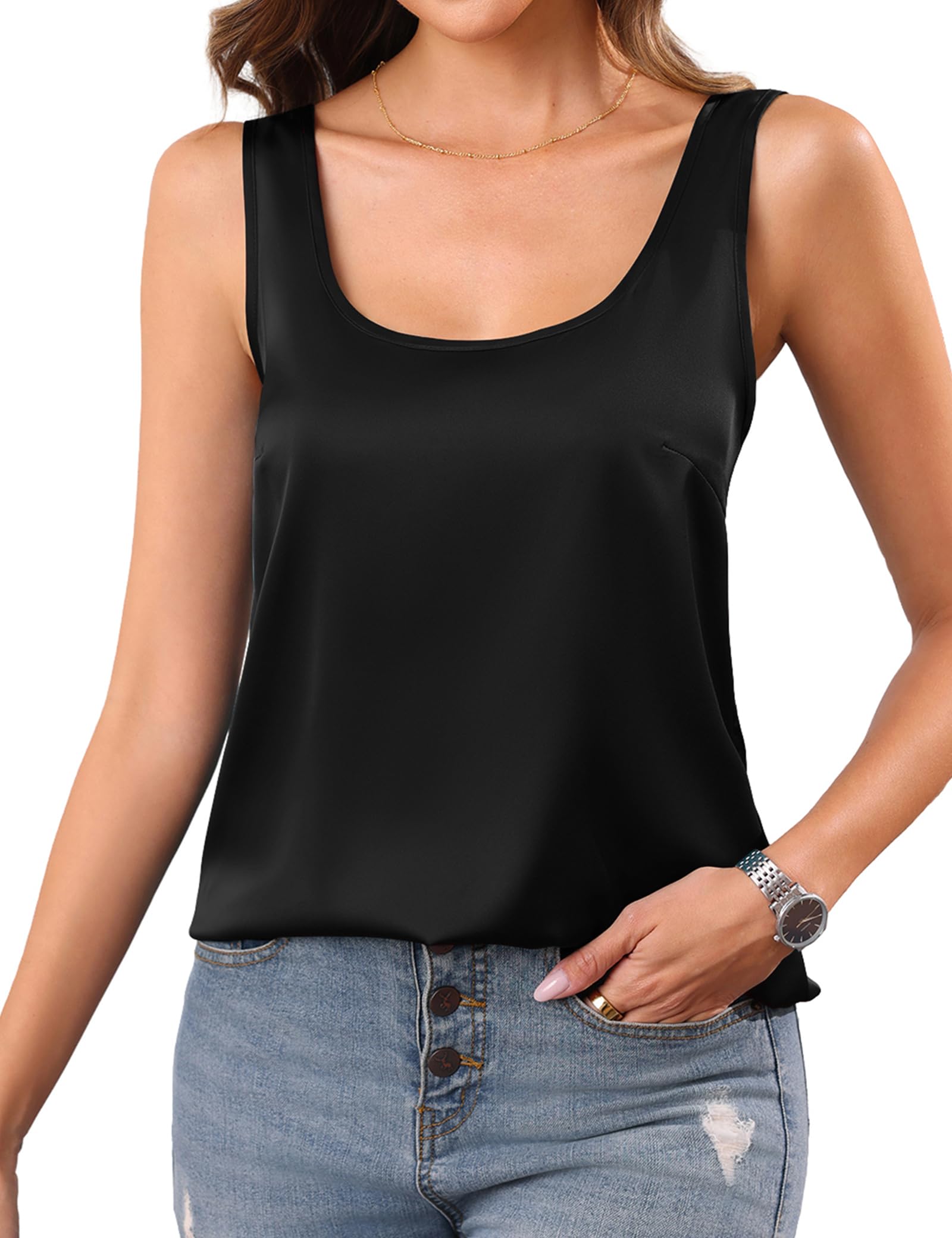 Aottori Satin Top Damen U-Ausschnitt Ärmellos Locker Sommer Satinoptik | Glatte leicht glänzende Oberfläche; U-Ausschnitt mit ärmelloser Blusenform; kombinierbar mit Stoffhosen, Röcken oder Jeans