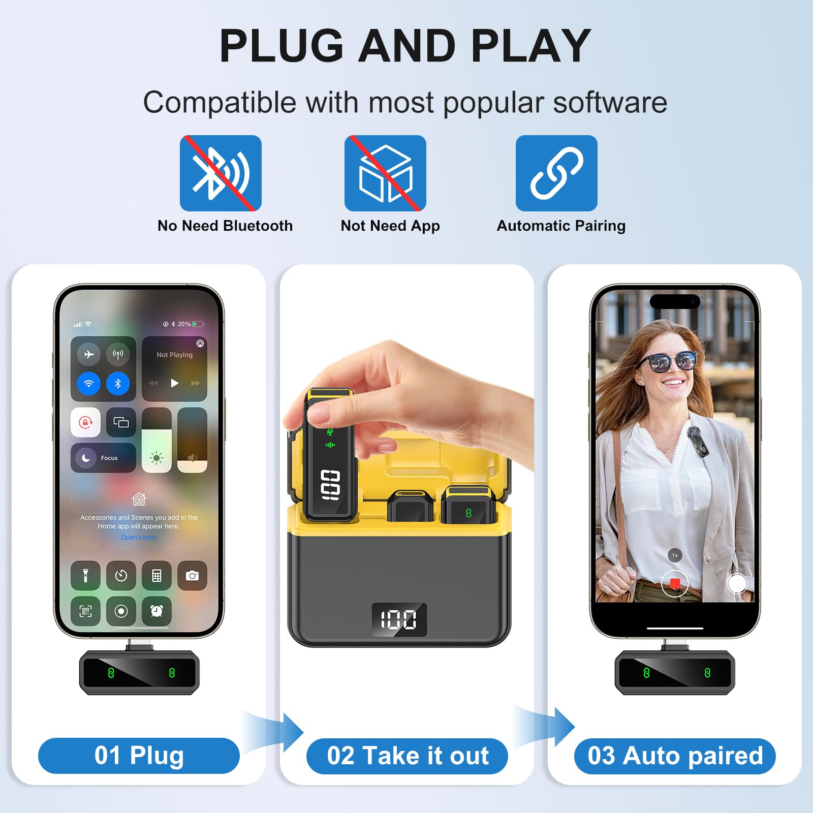 VEZQUA Mini Lavalier Microphone for iPhone/Android/PC, Lav Mic with 45H Battery, Noise Cancellation, 48KHz 16-Bit, Wireless Mic for Video Recording, Tiktok, YouTube, Vlog