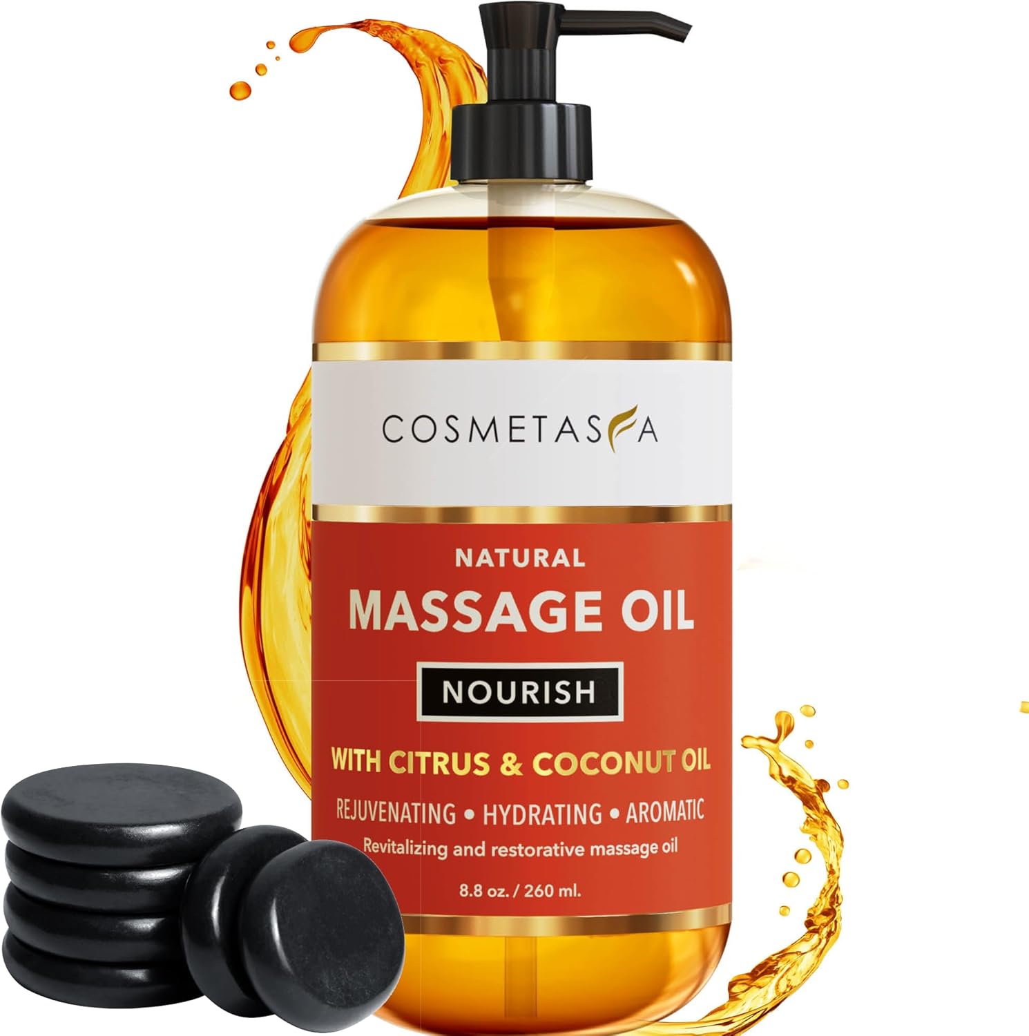 Natural Nourishing Massage Oil with Massage Hot Stones - Therapeutic Citrus & Coconut Massage Oils, Hydrating & Aromatic Essential Oils for Dry Skin, Soothes Muscle & Joints 8.8 oz