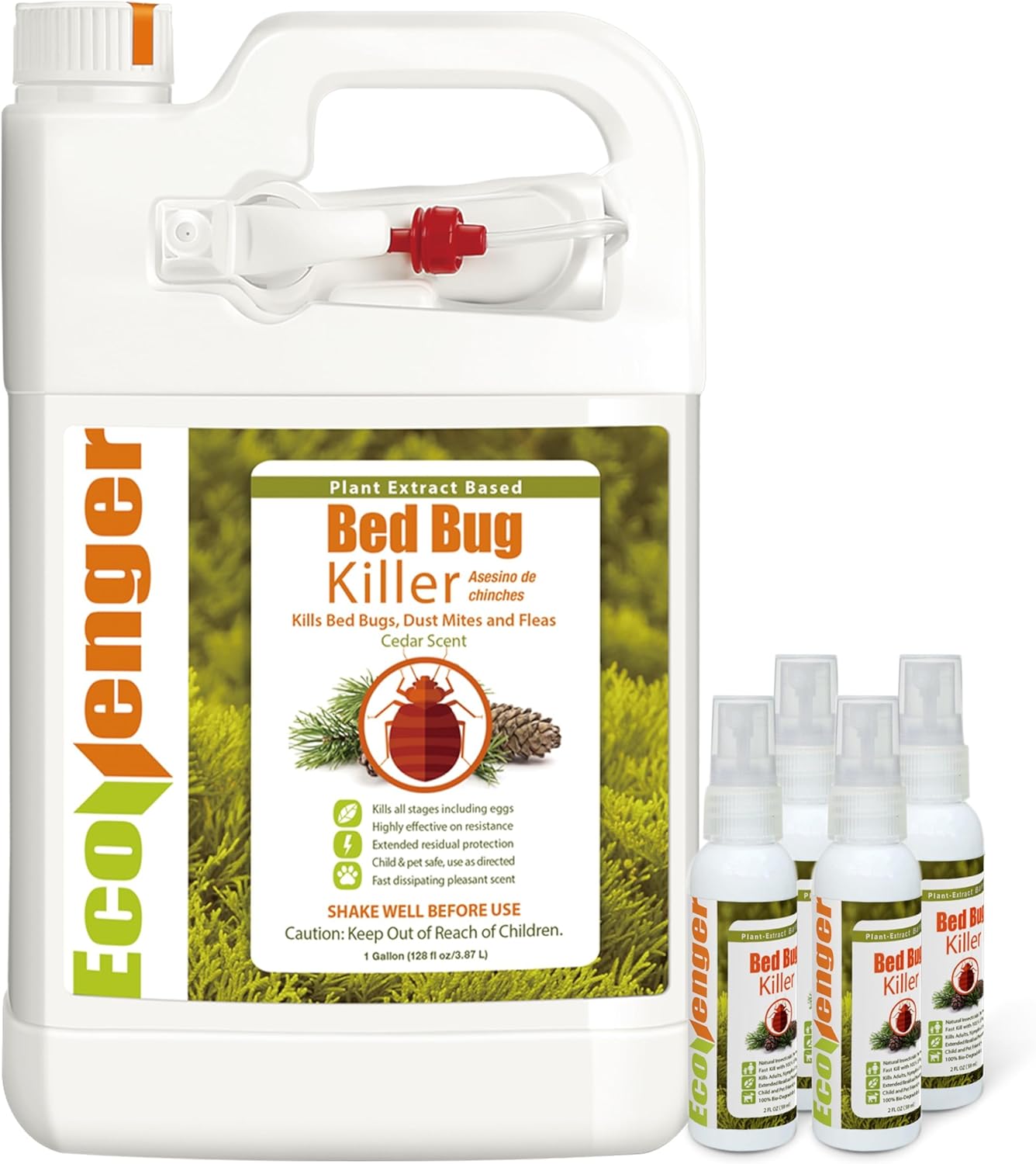 EcoVenger Bed Bug Killer Set – 128oz + 4 Travel 2oz, 100% Kill, Eggs & Resistant Strains, USDA BIO, Non-Toxic, Safe for Kids & Pets