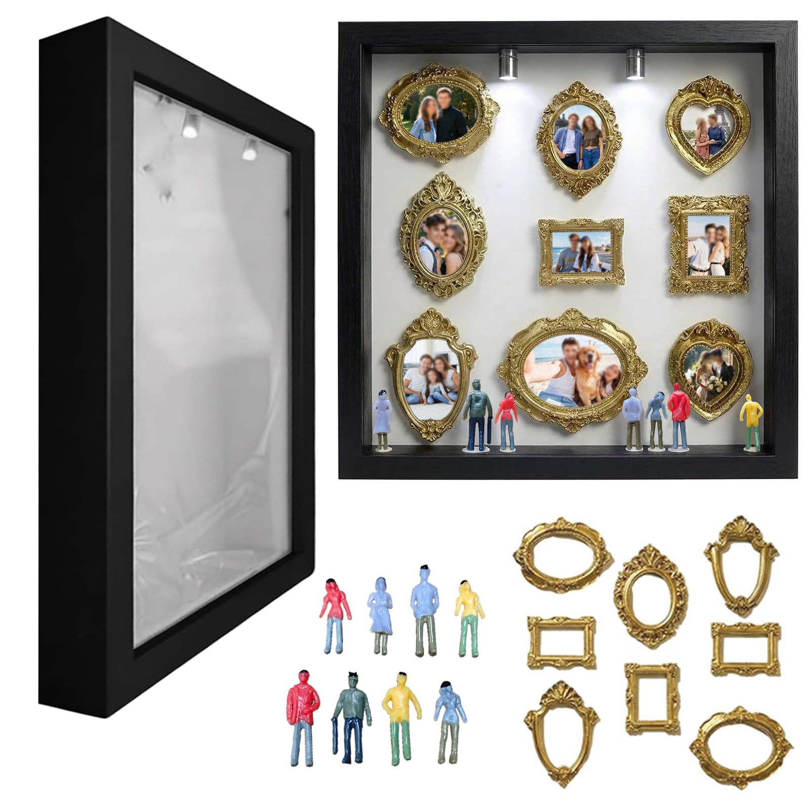 DIY Mini Museum Silhouette Box, Museum of Us Box Celebrate Your Unique Memories in Style, Personalized Photo Shadow Boxes Display with 8pcs Mini Museum Figurines & 8pcs Gold Mini Frames