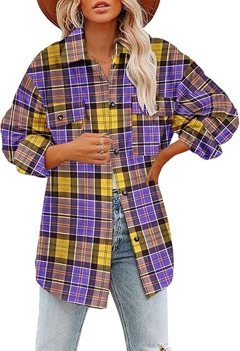 Camisas de manga larga para mujer, estilo casual, de franela, con solapa, botones, a cuadros, blusas, chaquetas de gran tamaño, Beige