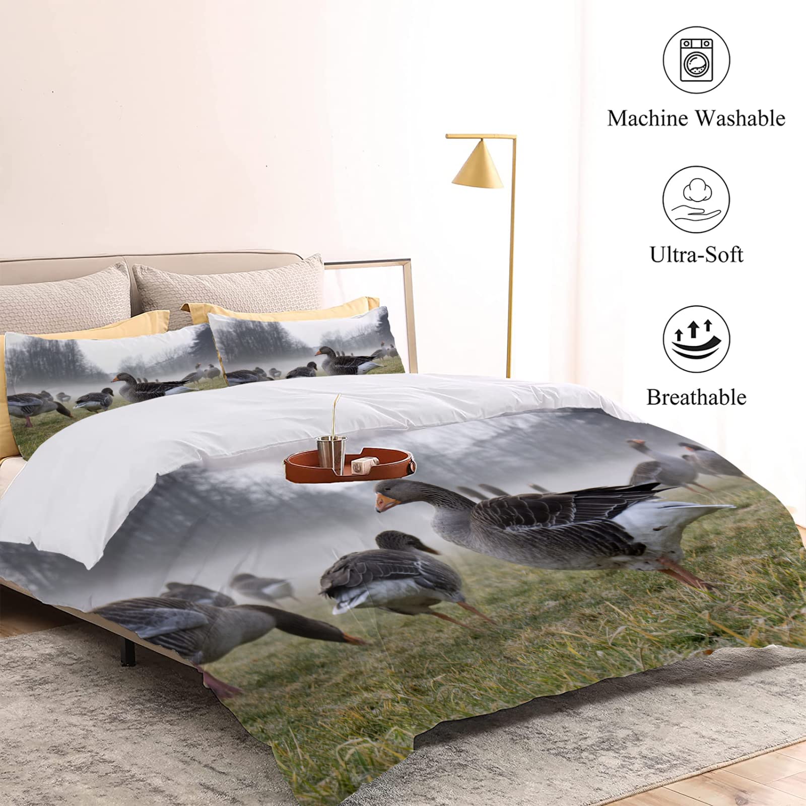 Parure De Lit 1 Personne 160x200 Cm – Housse Couette + 2 Taies 65x65 Cm, Microfibre Douce – Design Carreaux Gris, Zippée