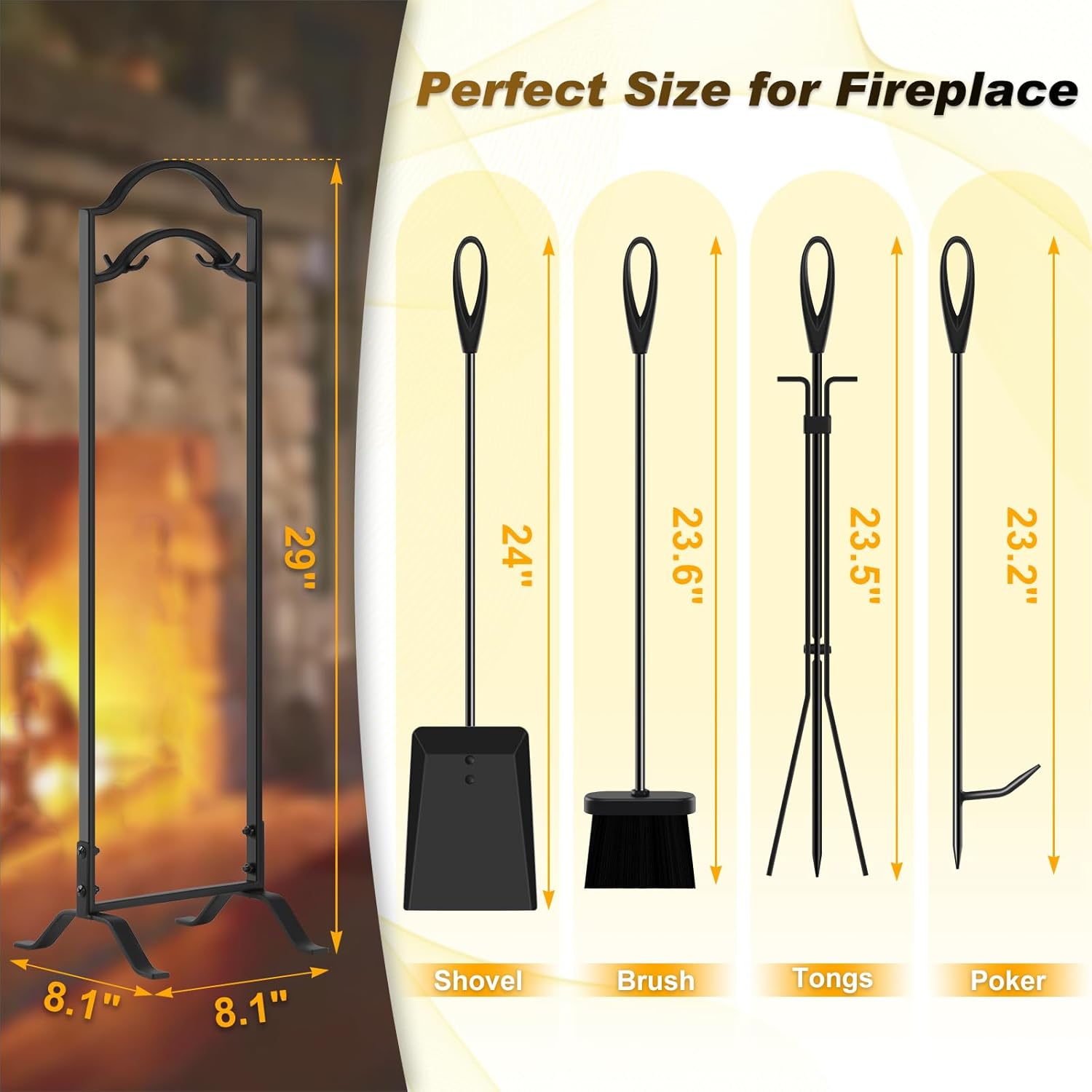 feed garden 29 inch fireplace tools set 5 pieces indoor outdoor wrought iron fireplace accessories set wood stove fire place set with heavy duty tongs,poker,shovel,brush and stand,black