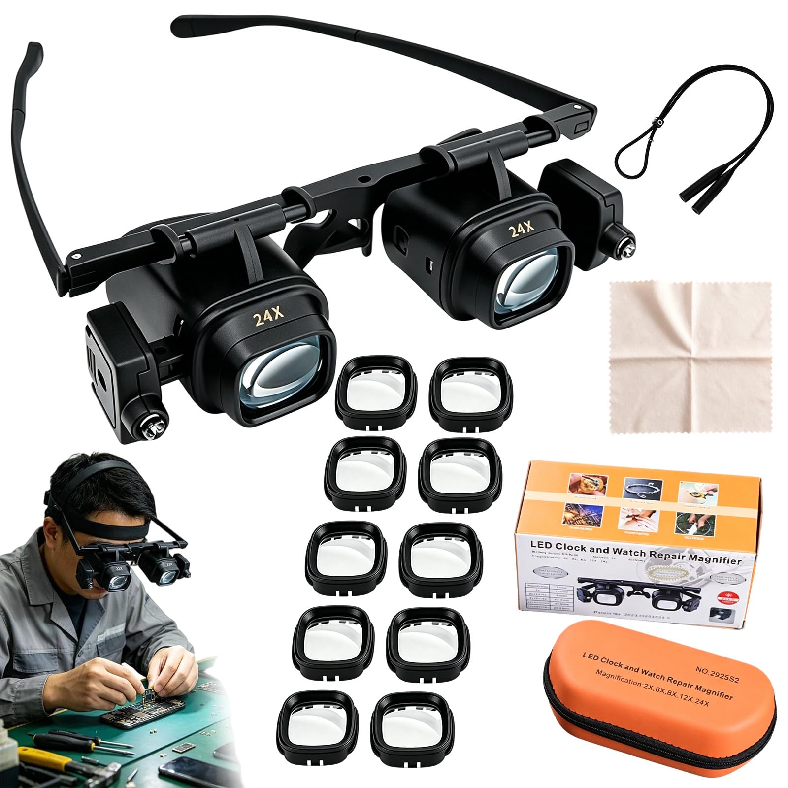 Precision Led Magnifier for Electronics & Crafts, 2X to 24X Interchangeable Lenses Magnifying Glasses, Head Magnifying Glass With Light for Jeweler Watch Repair (5 Lenses)