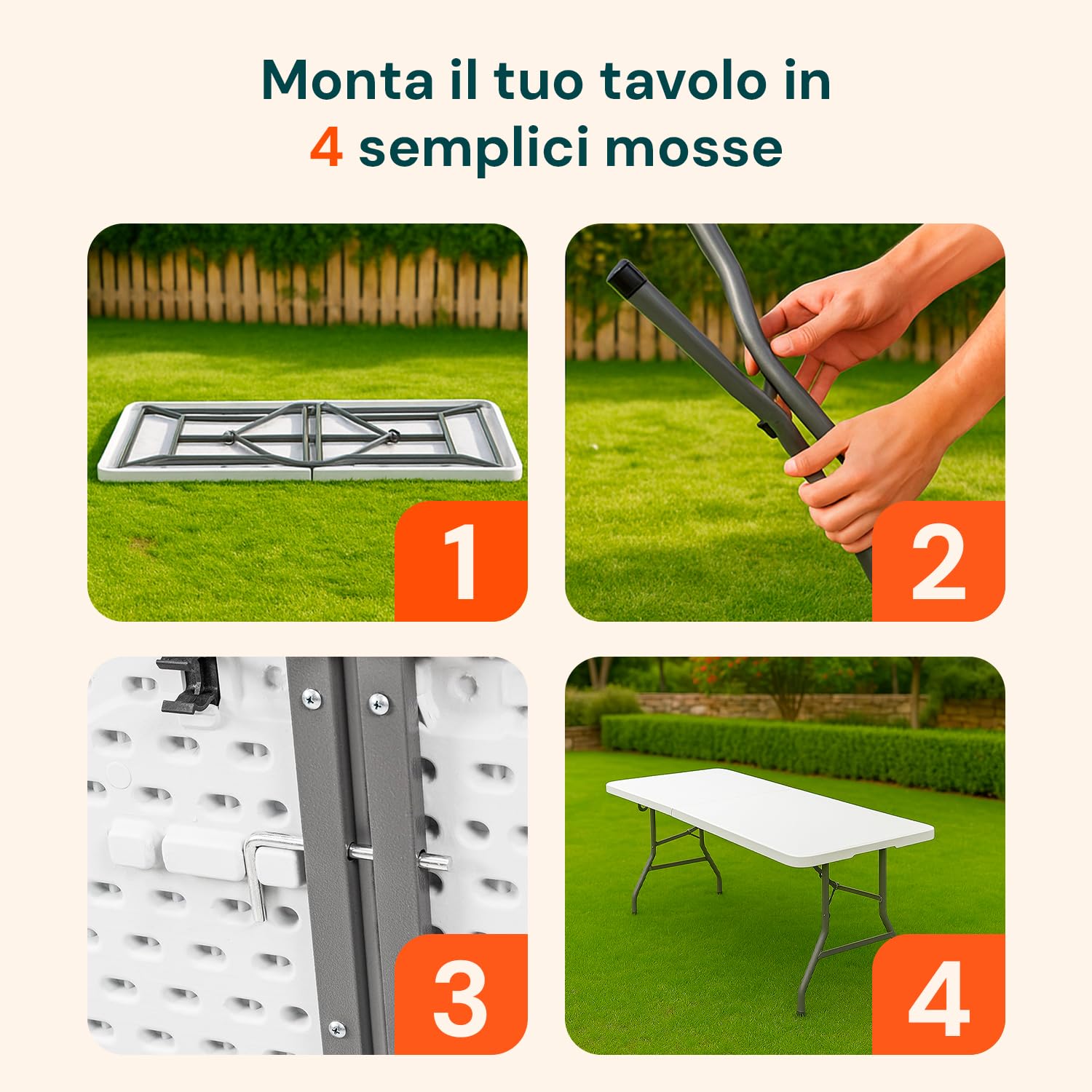 Clori Tavolo Pieghevole Portatile: Ideale per Giardino, Campeggio e Buffet, Leggero, Salvaspazio, Durevole, con Sistema di Blocco di Sicurezza, Fino a 6 Persone - 180x70x74 cm