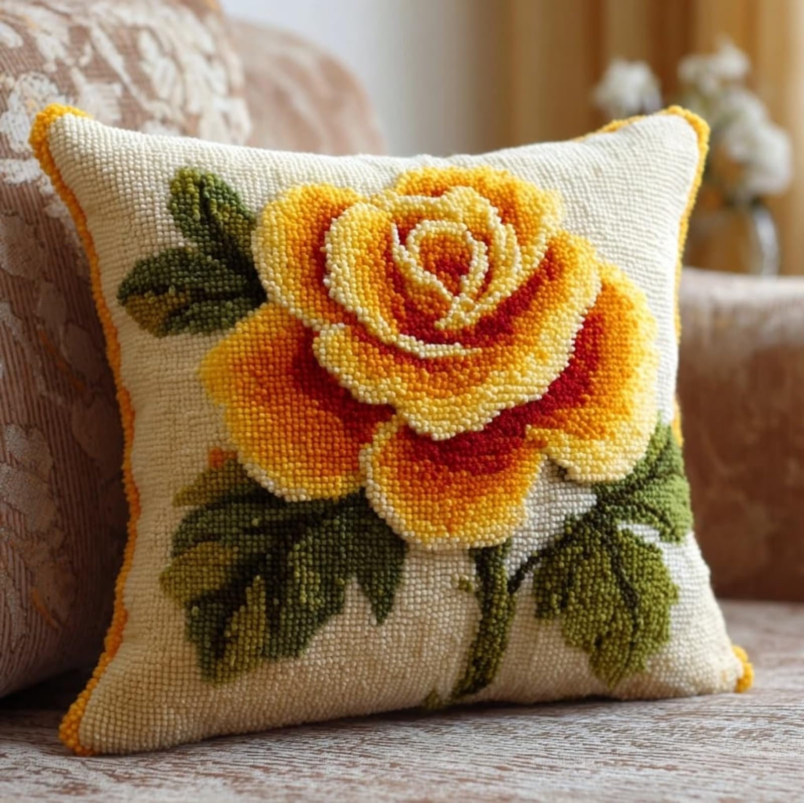 WallustrioaW 43x43cm Latch Hook Embroidery Cushion Kit,Yellow Roses