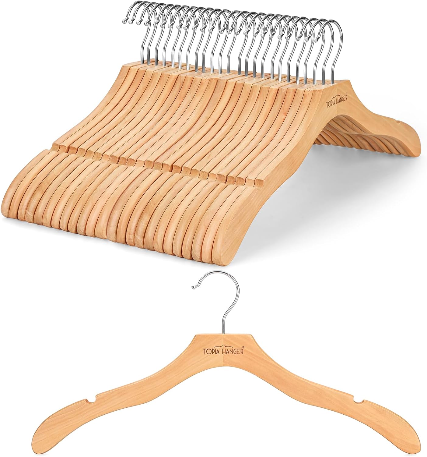 TOPIA HANGER Wooden Coat Hangers 24 Pack, Premium Wood Top Suit Hangers with No Shoulder Bump, 360° Swivel Hook and Cut Notches Clothes Hangers for Sweater, Coat, Shirts, Jackets, Dress, Natural CT85N Natural 24 Pack