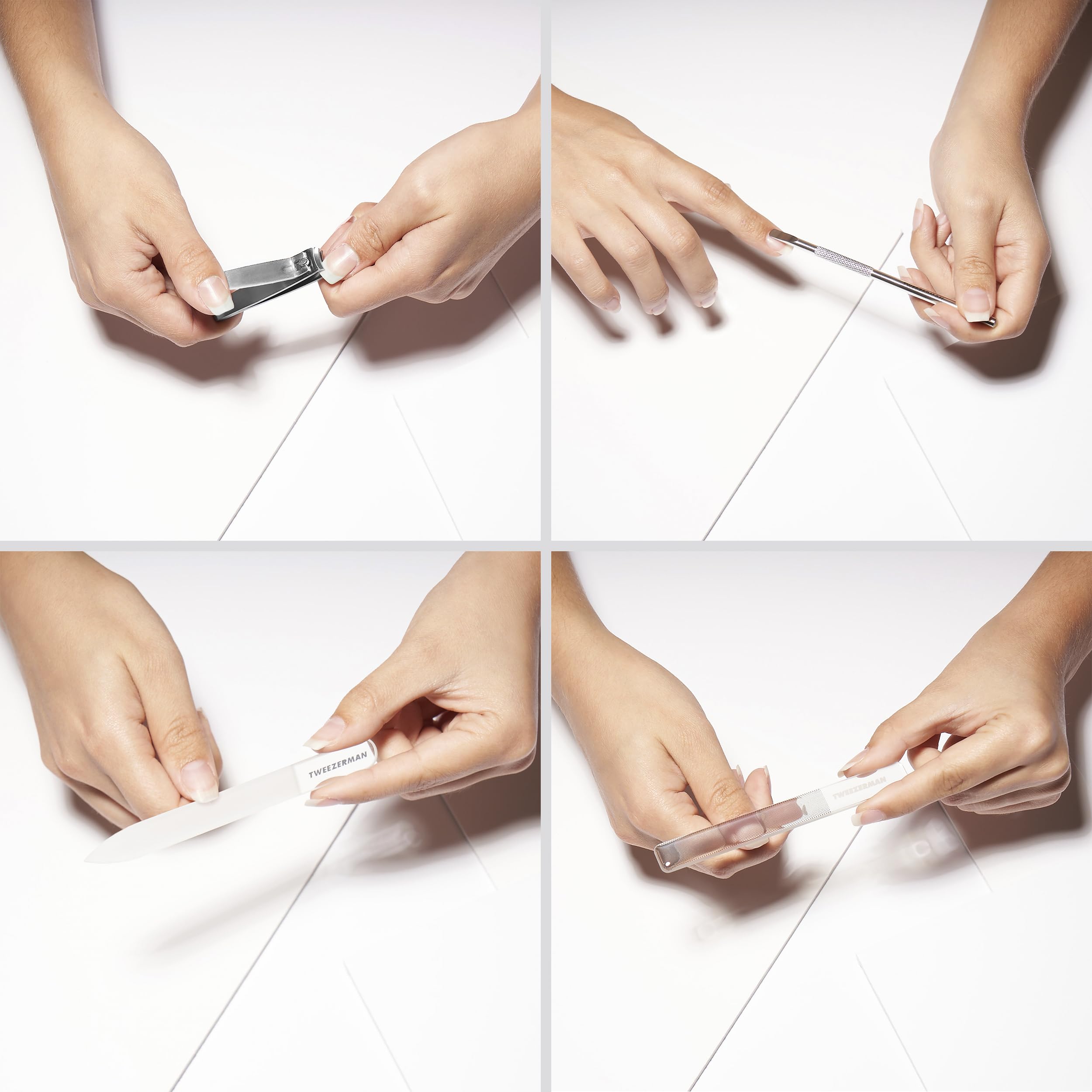 TWEEZERMAN Maniküre Set aus Glas (4 Teilig, mit Nagelknipser, Nagelfeile, Glasnagelbuffer, Pushy), Silber | Inklusive Glasnagelfeile, Puffer, Edelstahlknipser, Nagelhautschieber, ideal für Selbstpflege & professionelle Ergebnisse