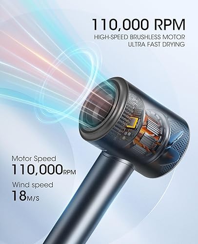 Miniatura 2 de Secador de pelo, motor sin escobillas de alta velocidad de 110000 RPM para secado rápido, silencioso y compacto, con difusor magnético para cabello