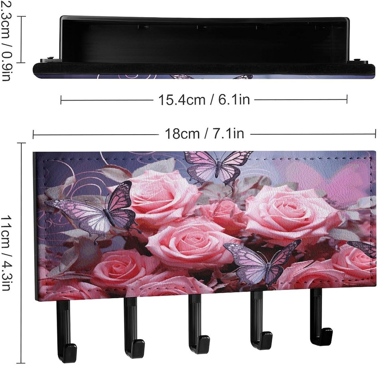Key Holder Wall Mount Key Hanger with 5 Hooks, Decorative Key Rack | Pink Roses And Butterflies Hanging Key Hooks with Mail Organizer for Wall Living Room Kitchen Bathroom Hallway