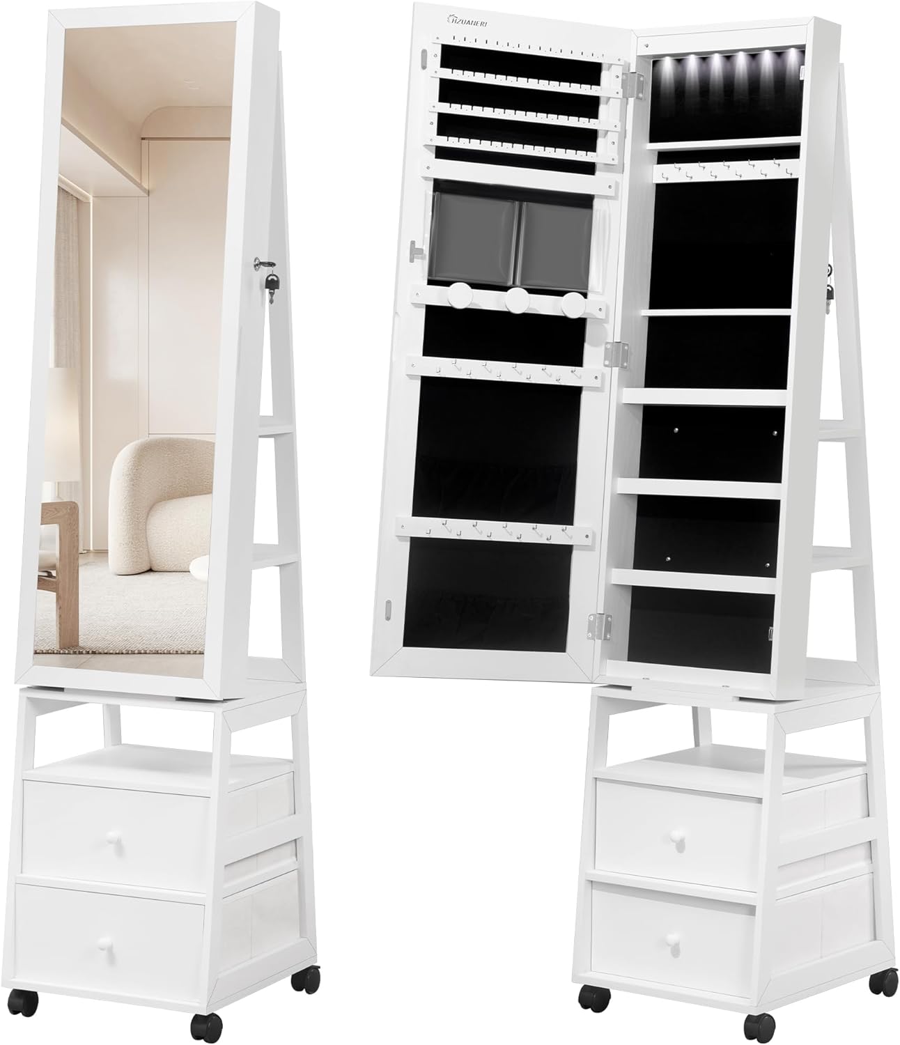 Jewelry Cabinet?42.5" Lockable Standing Jewellery Mirror Cabinet with 2 Drawers, 360° Swivel Jewellery Cabinet with Lights on Four Wheels, Full Length Mirror, White JC37503B