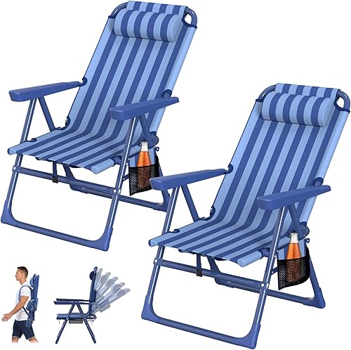 Miniatura 1 de Suteck Sillas de playa tipo mochila para adultos, paquete de 2, silla reclinable plegable de 6 posiciones con bolsa enfriadora y soporte para tazas,