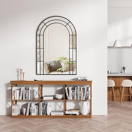 Miniatura 4 de Muzilife Espejo de ventana arqueado de 31 x 47 pulgadas, espejo de pared de baño con marco de metal pulido a mano, verticalmente para decoración de
