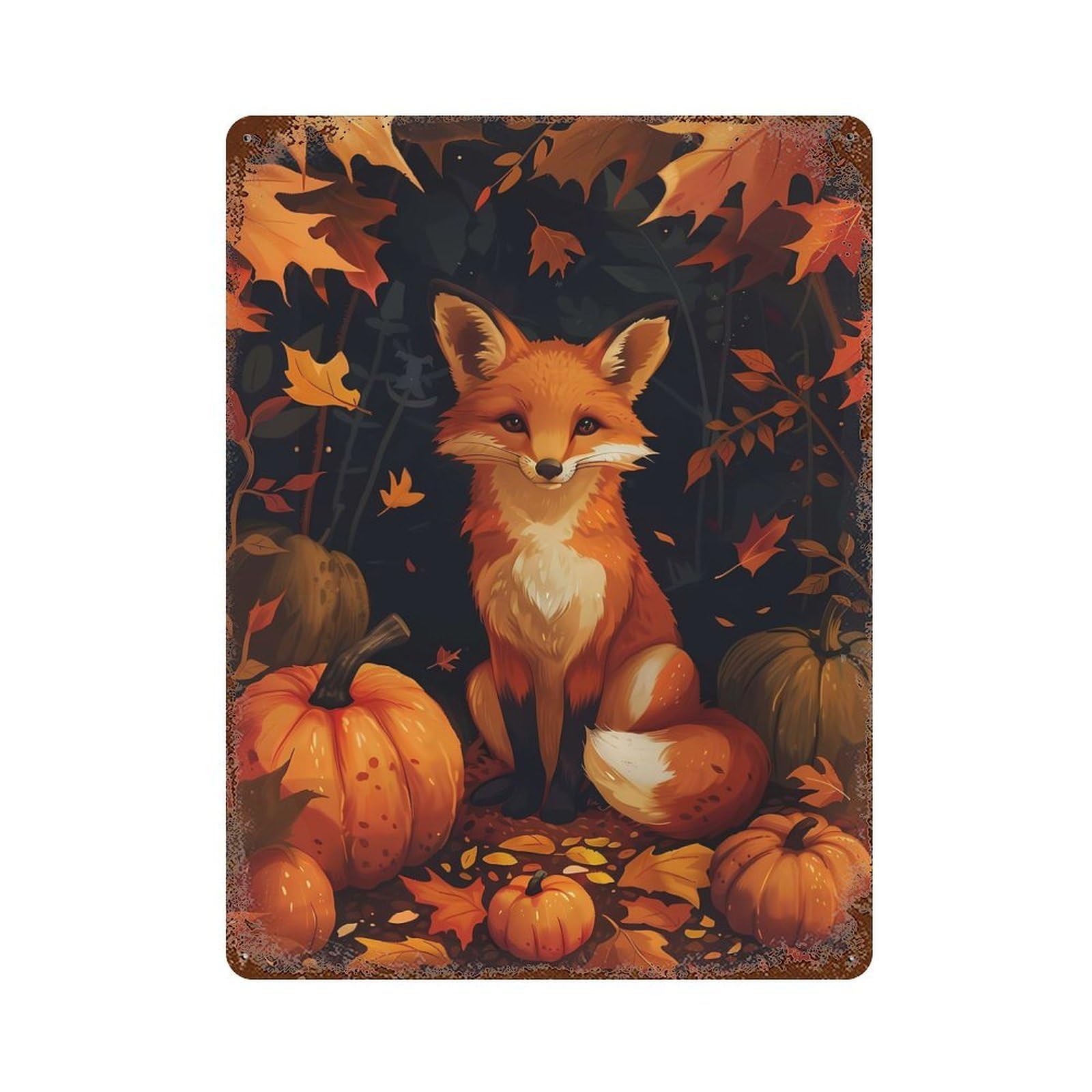Garage Style Autumn Fox Pumpkins Vintage Rust Metal Sign 15.7"x11.8", Rustic Home Decor for Bar And Workshop