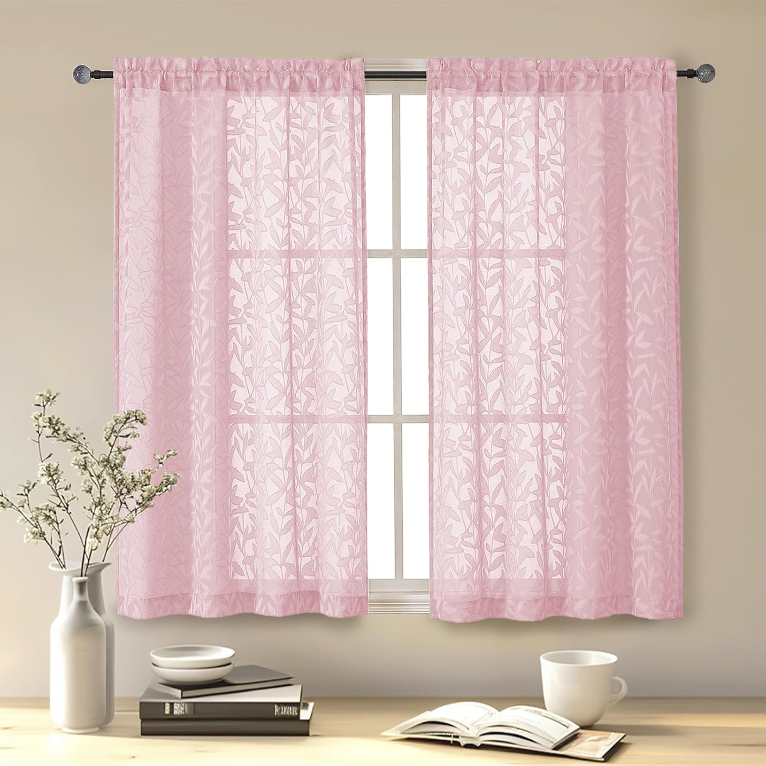 Chyhomenyc Blush Pink Curtains Sheer 54 Inch Length for Living Room 2 Panels Set, Light Filtering Leaf Jacquard Clip Textured Curtains for Bedroom, Farmhouse Rod Pocket Curtains, 42" Wx54 L, Set of 2