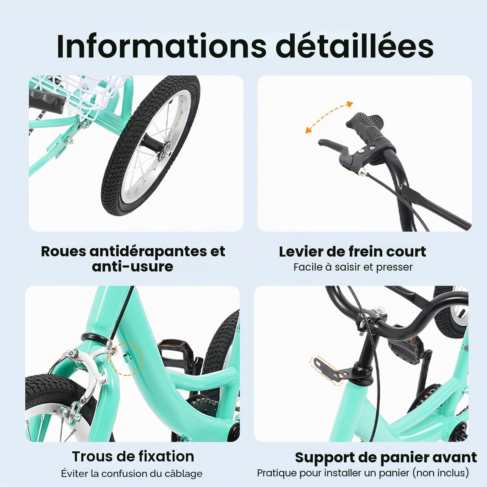 Tricycle pour enfants de 14" - Vitesse unique - 3 roues - Vélo Cruiser - Pour filles et garçons - Avec panier - Loisirs, shopping, pique-niques