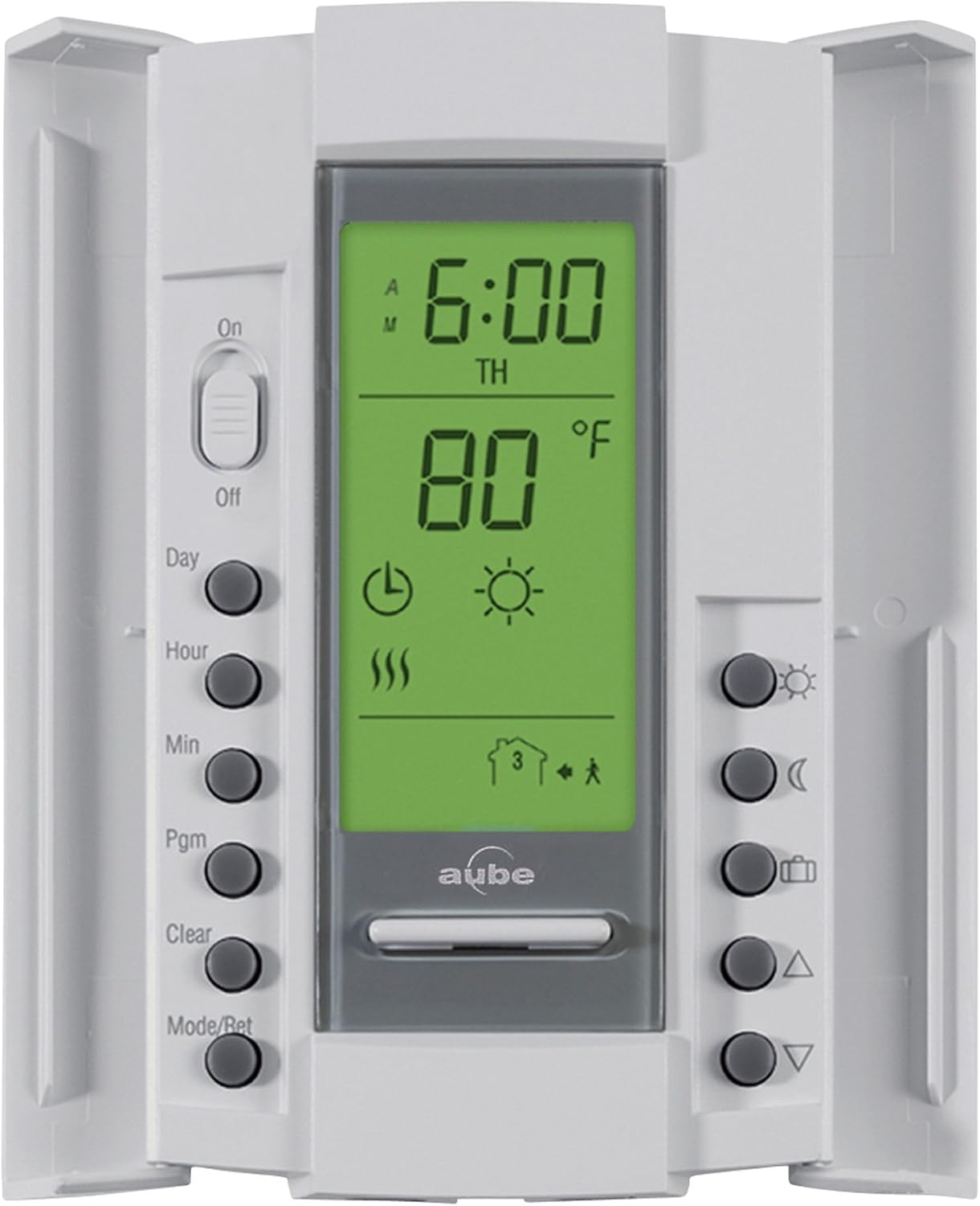 Close-up of Aube TH115-AF-120S Thermostat display and controls