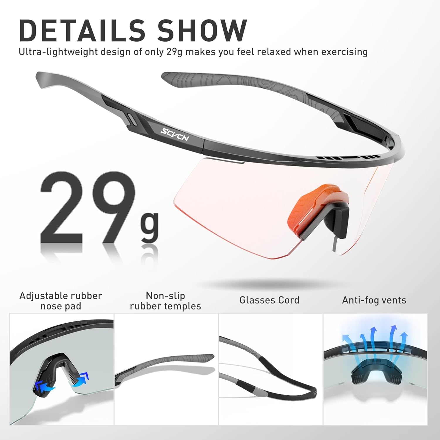 SCVCN Photochromic Cycling Glasses, UV400 Protection, TR90 Frame, Men Women Clear Sports Sunglasses for Cycling