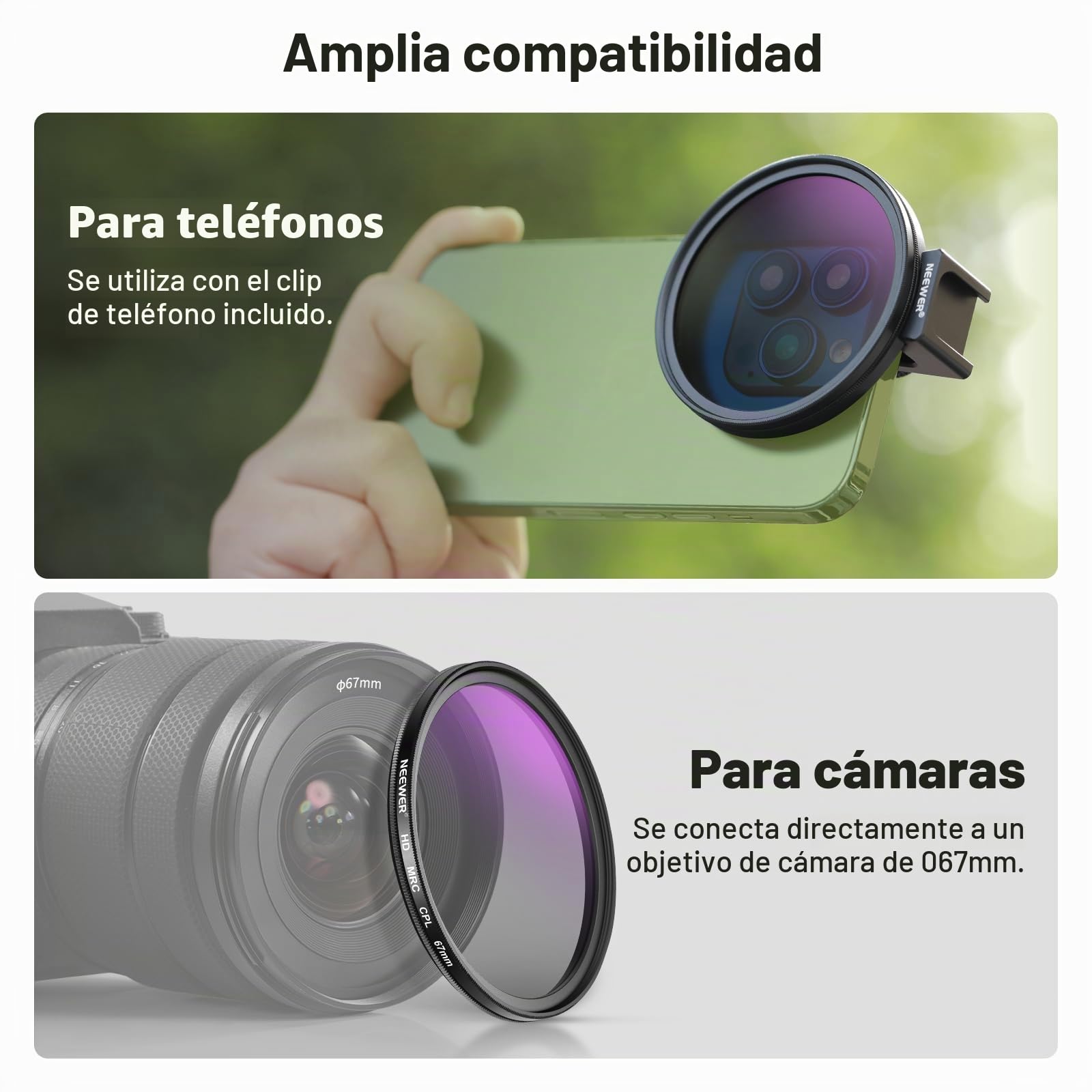 NEEWER Filtro CPL de 67 mm para teléfono, Filtro polarizador HD de 67 mm y Clip de teléfono de Zapata fría, Incluye Bolsa de Transporte y paño de Limpieza de Lentes, Compatible con Galaxy S24 Series