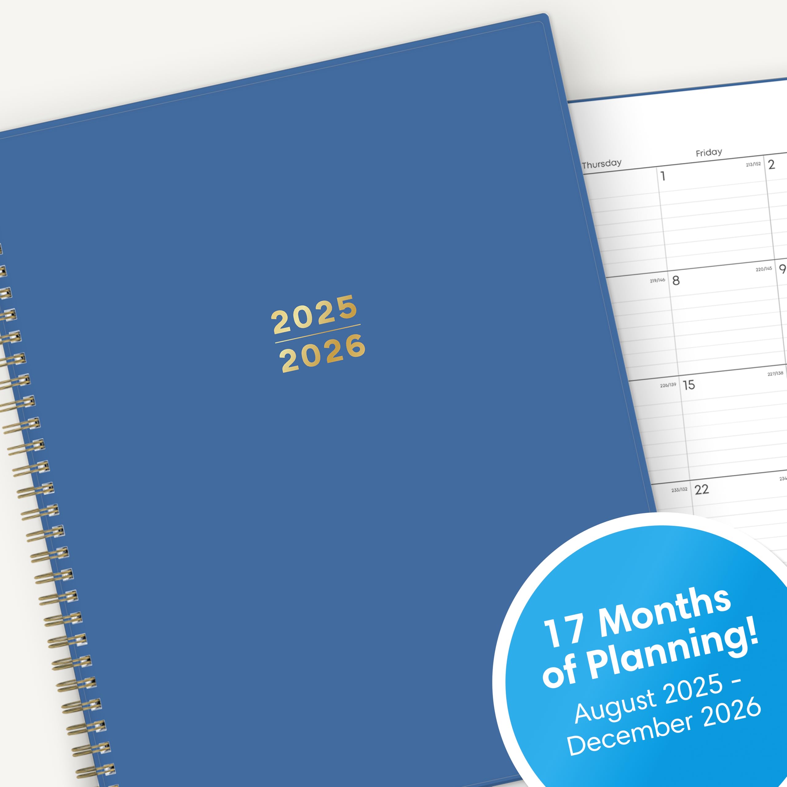 Blue Sky Wochen- und Monatsplaner 2025-2026, August 2025 - Dezember 2026, 17 Monate, 21,6 x 27,9 cm, flexibler Einband, Spiralbindung, laminierte Reiter, Azurblau