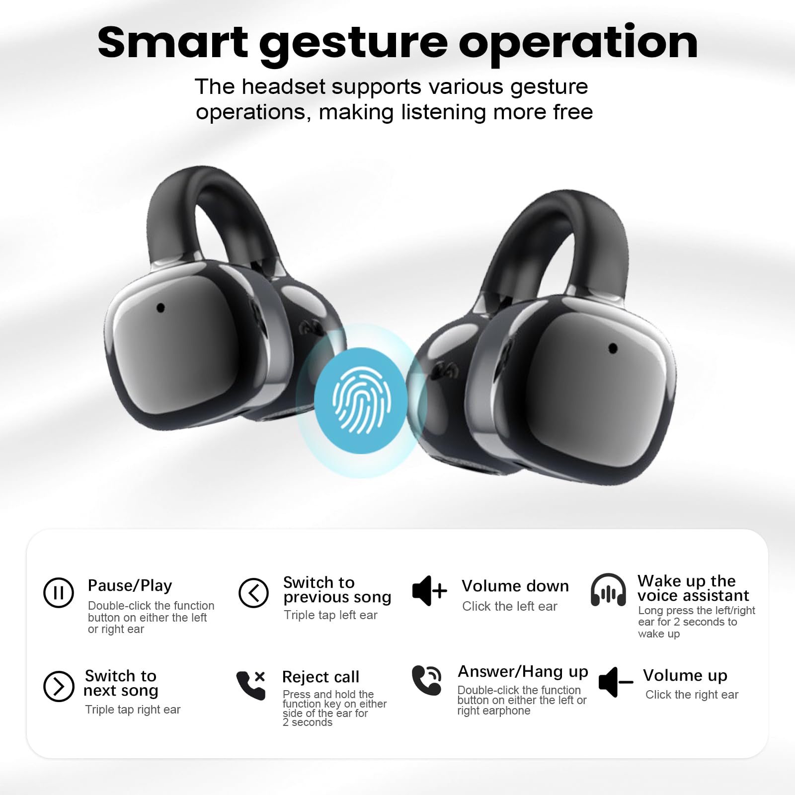 PTHTECHUS Auriculares Inalámbricos Bluetooth 5.4, Audifonos Deportivos Abiertos Clip, Traducción de Idiomas, 50H Reproducción con ENC, Pantalla Táctil Auriculares de oído Abierto (Negro)
