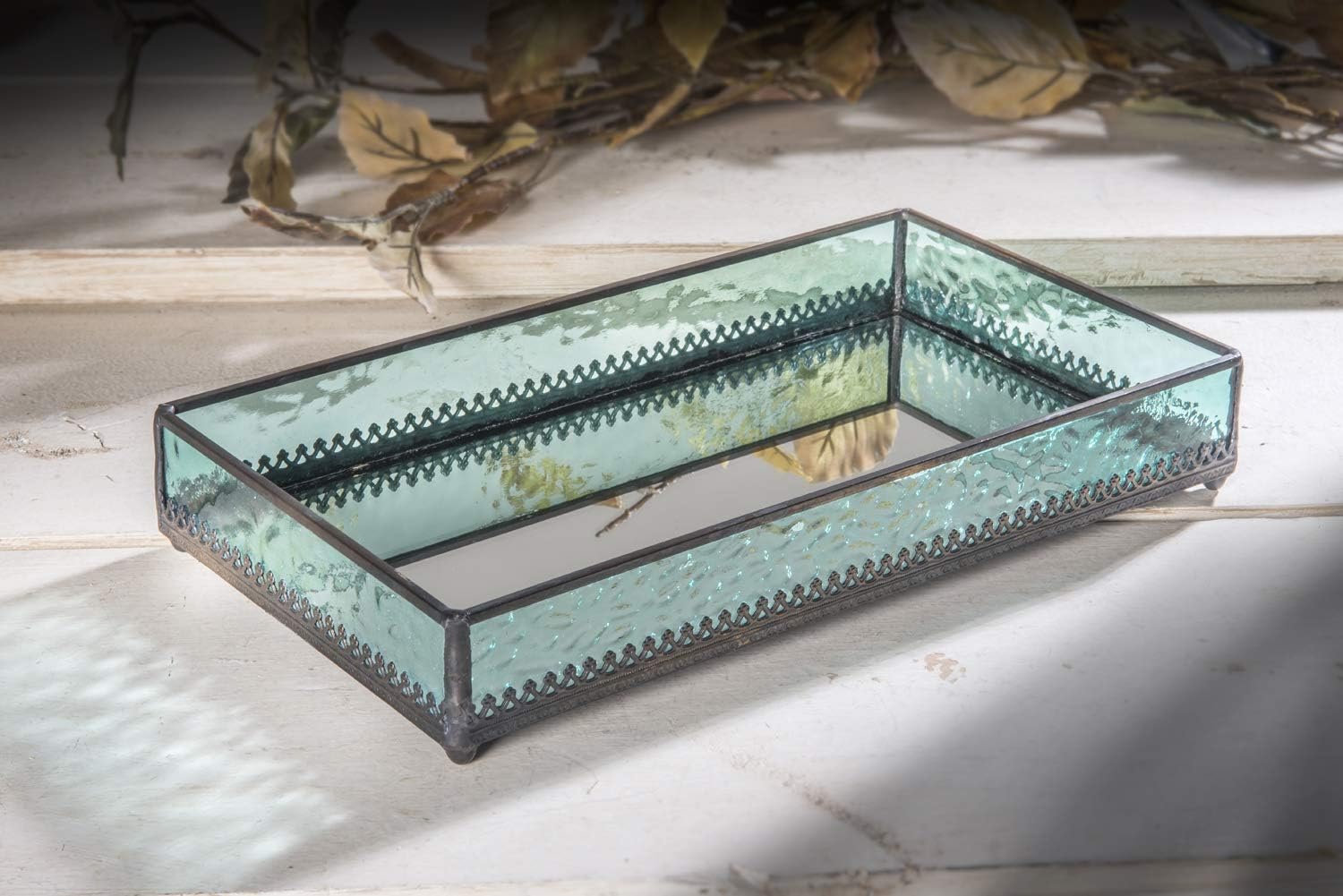 Turquoise Blue Glass Tray Mirrored Bottom Decorative Bathroom Vanity Cosmetic Makeup Organizer Jewelry Display Perfume Holder Dresser Home Décor Candle Tray Gift for Woman J Devlin Tra 126 : Home & Kitchen