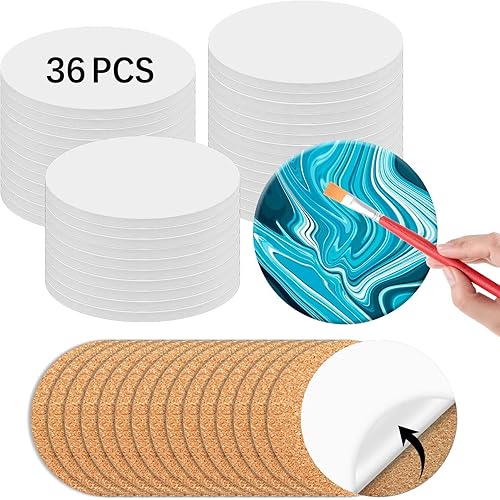 36 azulejos redondos de cerámica para manualidades de 4 x 4 pulgadas y tapete de corcho autoadhesivo, posavasos de cerámica sin esmaltar para