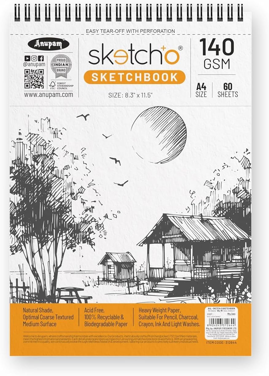Anupam SketchO Sketch Book A4 Top Wiro Bound Drawing Book Acid Free Paper 140 GSM Professional-Grade Sheets or Artists, Professional (60 Sheets, 120 Pages)