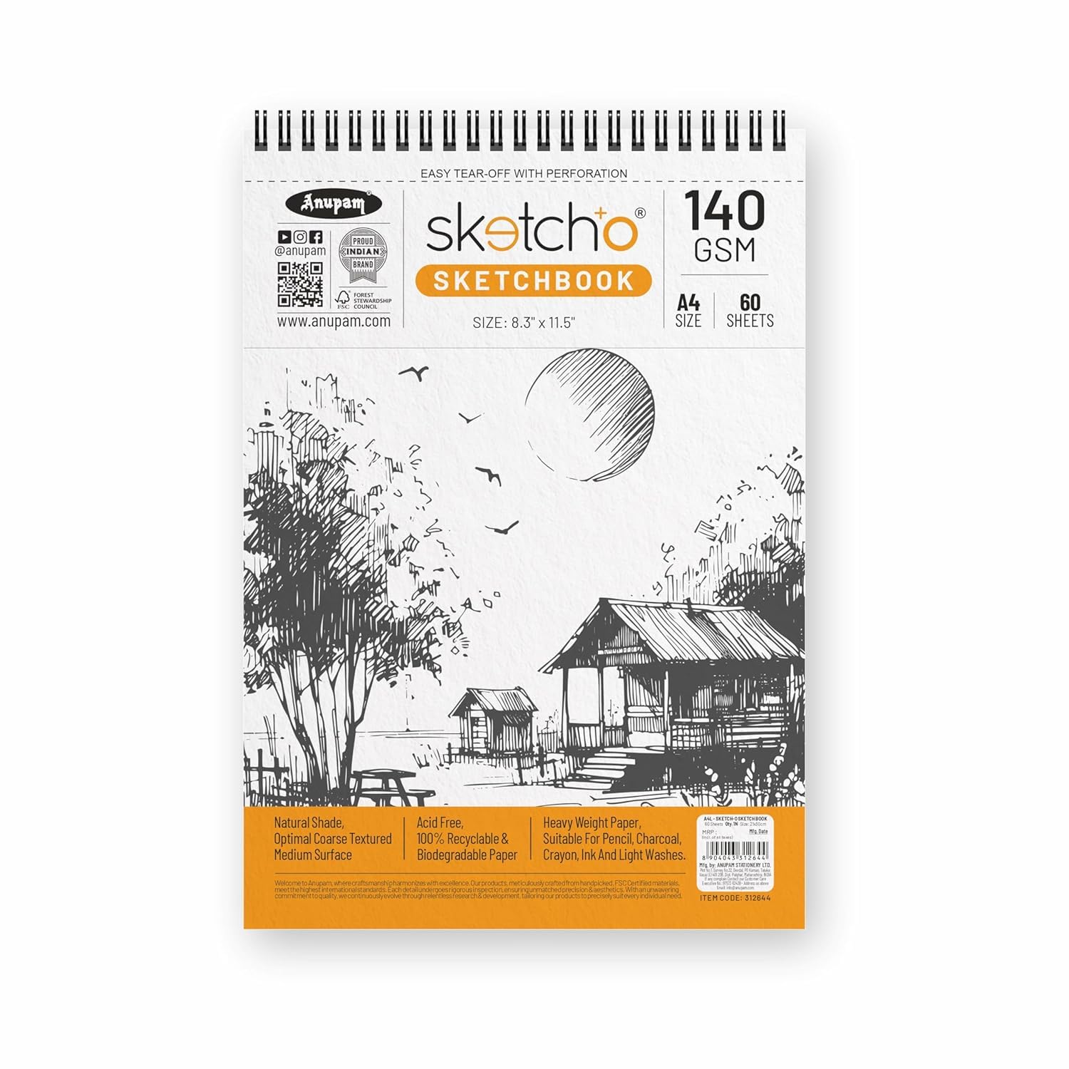 Anupam SketchO Sketch Book A4 Top Wiro Bound Drawing book Acid Free Paper 140 GSM for Artists, Professional (50 Sheets, 100 Pages)