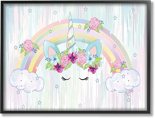 Stupell Industries Ojos de unicornio bajo nubes estrelladas de arco iris floral, diseñado por Maureen Grigs - Arte de pared enmarcado negro,