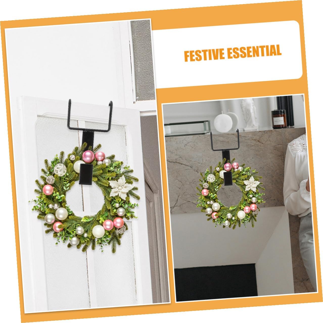 4pcs Over Door Wreath Hanger Cast Iron Double Hook Front Door Garland Hanger Black Heavy Duty for Christmas Outdoor Decorations