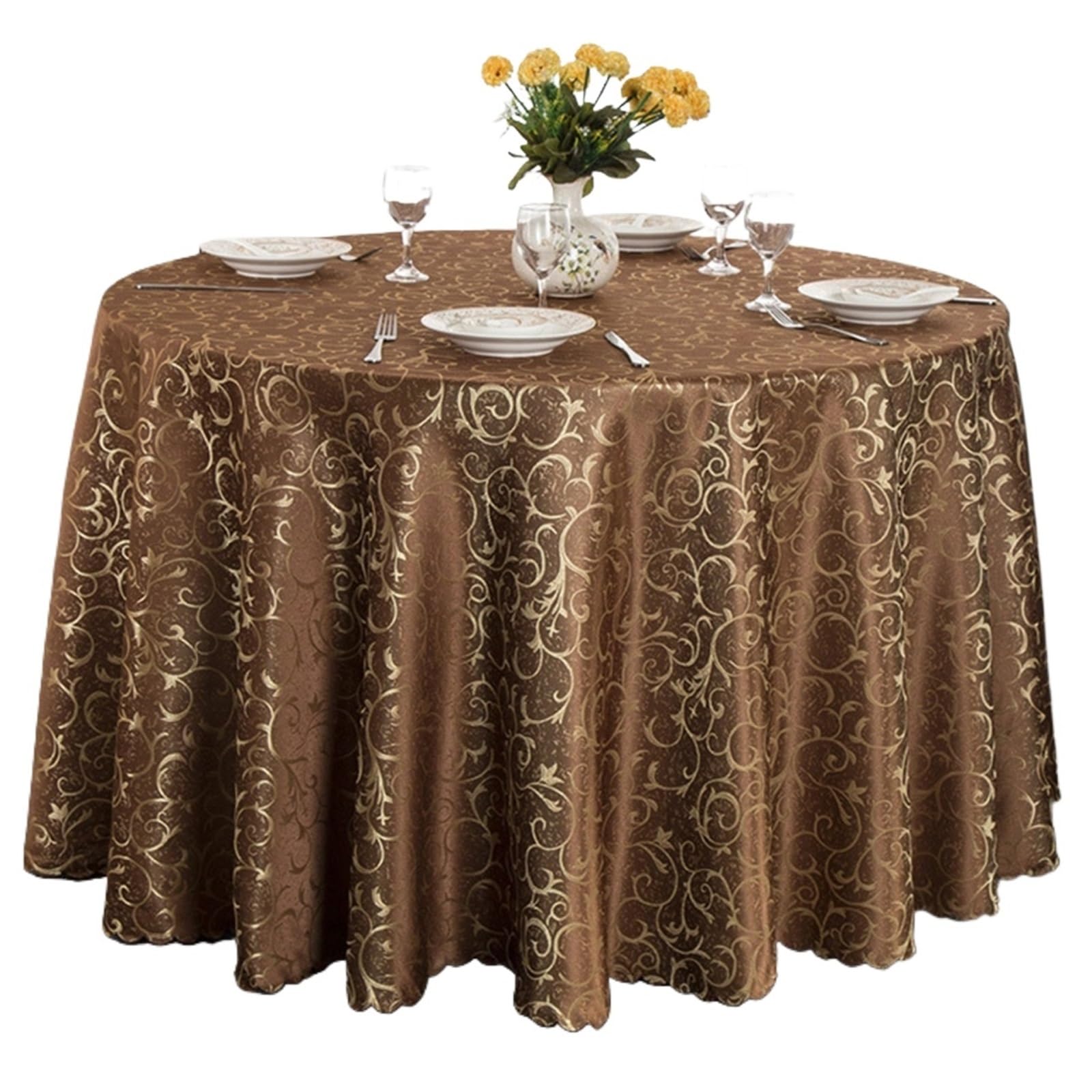 SHENJMAI Round Skirt Tablecloth Circular Hotel Tablecloth Golden Flowers for Wedding Party Decoration Table Skirt Set Restaurant Multipurpose(Dark coffee,Diameter 300cm 1pcs)
