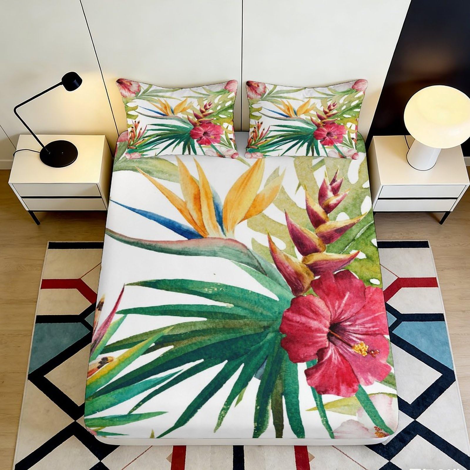Pnayamiorkfel Style-5 3D Printed Tropical Hibiscus Fitted Sheet Microfiber Soft Floral Bird Of Paradise Mattress Cover For Bedroom Home Decor 90X200x25cm